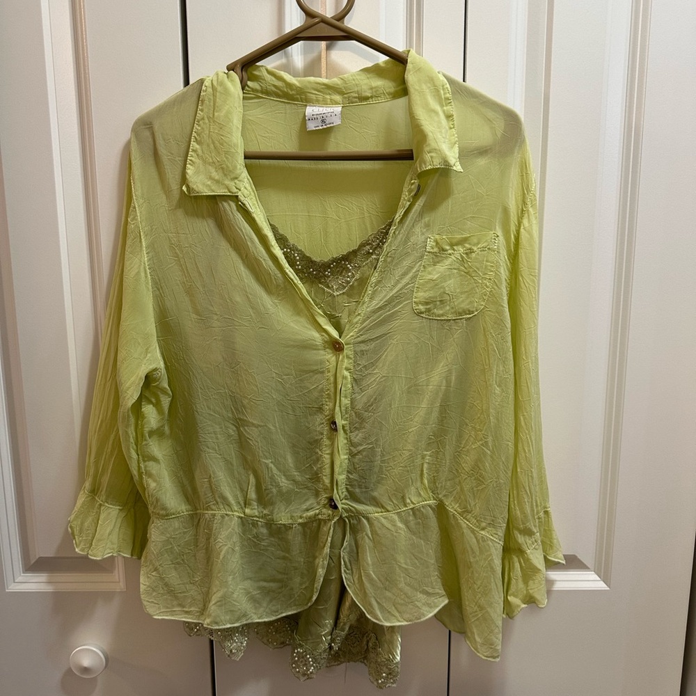 Women's Sheer Lime Green Button-Up Top with matching tank top